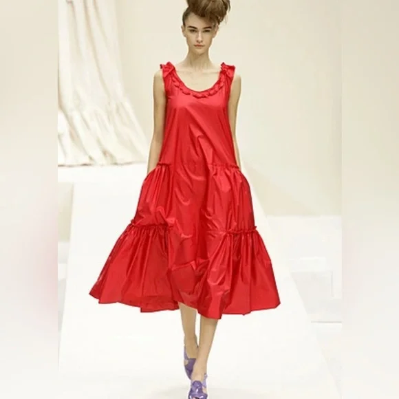 Rare Moschino 2008 Runway Silk Red Maxi Dress Puffball Bubble Hem Womens Size 8 - Picture 1 of 17